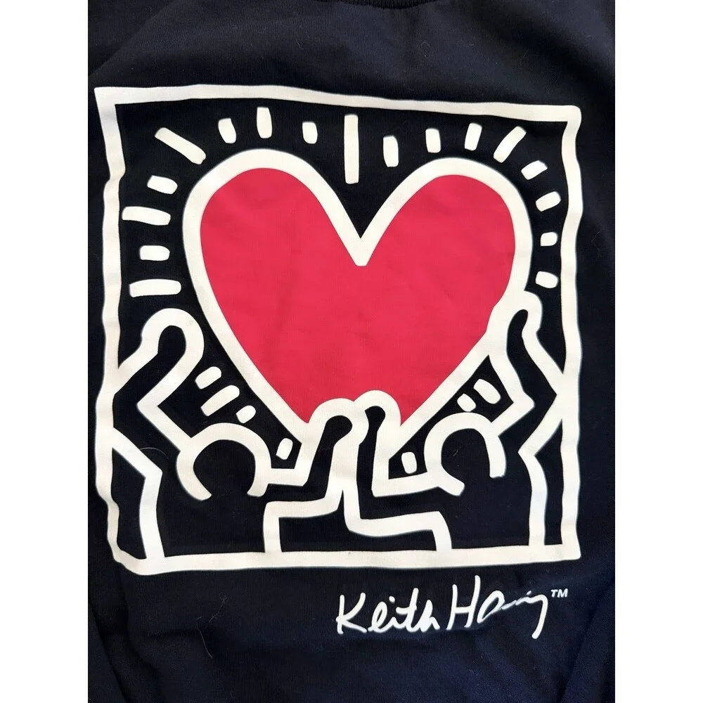 Keith Haring Heart Graphic Sweatshirt Black Crewneck Unisex M Medium 60/40 Blend
